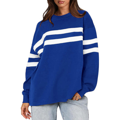 Women Casual Stripe Round Neck Loose Blank Sweatshirts