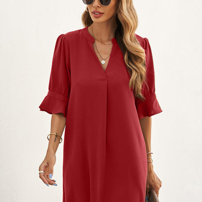 Summer Women Loose Casual Solid Color V-Neck Chiffon Dress