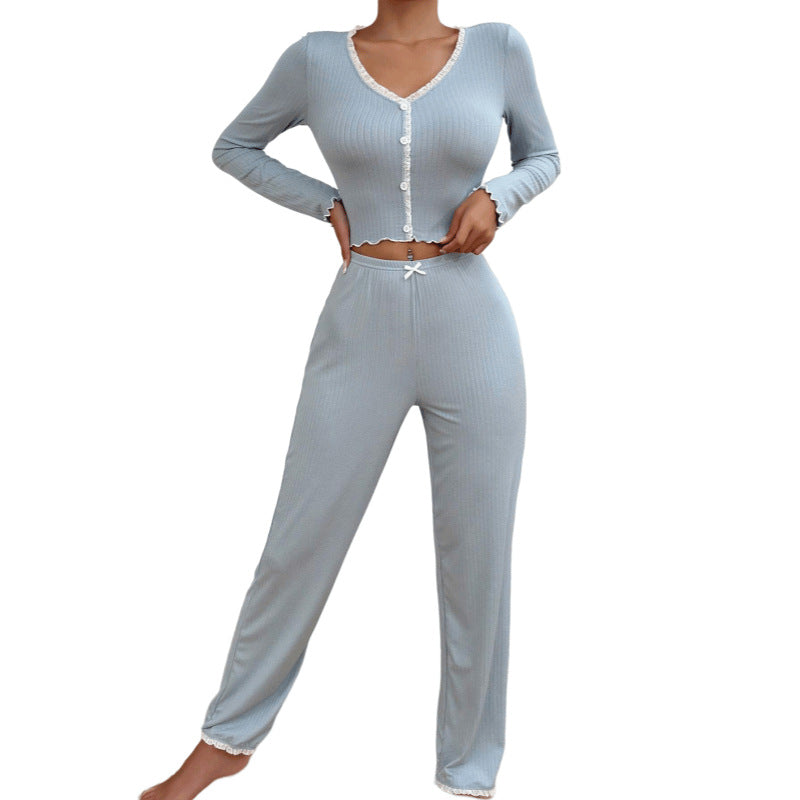 Pijama informal de encaje de color liso para mujer, ropa larga