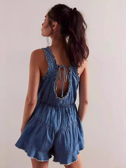 Women Fashion Casual Sleeveless Backless Loose Denim Rompers