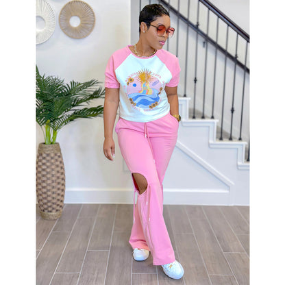 Conjunto de dos piezas para mujer, informal, con estampado, cuello redondo, manga corta, pantalones con abertura lateral