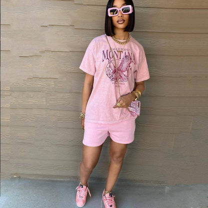Conjunto de dos piezas holgado con camiseta y pantalones cortos con grafiti y letras para mujer, estilo informal, de moda urbana, para verano