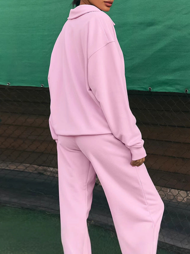 Conjunto informal de dos piezas con forro polar de color liso para mujer