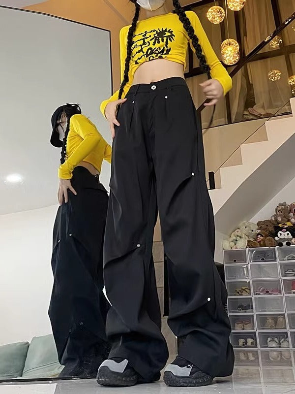 Pantalones cargo rectos informales de pierna ancha y cintura alta para mujer, moda urbana