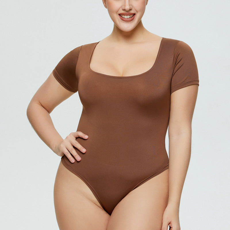 Women Fashion Casual Square Collar Tight Basic Solid Color Slim-Fit Plus Size Short-Sleeve Bodysuit