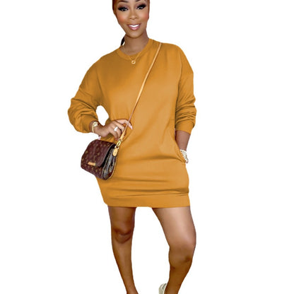 Autumn Winter Women Casual Loose Short Solid Color Sweatshirt Dress
