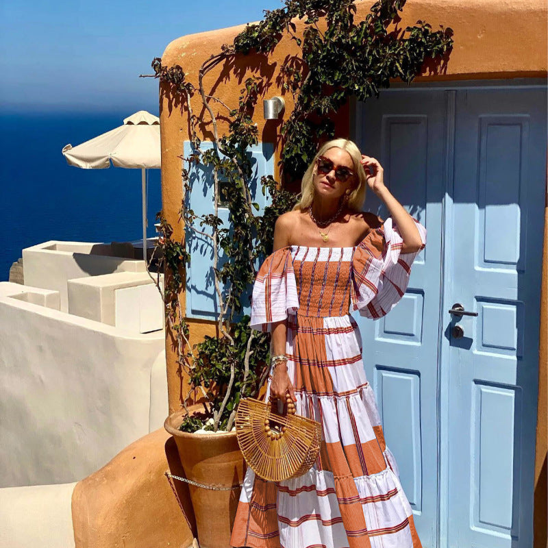 Summer Women Casual Stripe Off Shoulder Short-Sleeved Ruffle Boho Vacation Maxidress