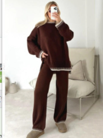 Casual Winter Fashion Solid Color Women Loose Knitted Sweater Pants Two-Piece Set