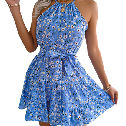 Women Fashion Casual Tiny Flower Printing Halter Neck Ruffled Dress