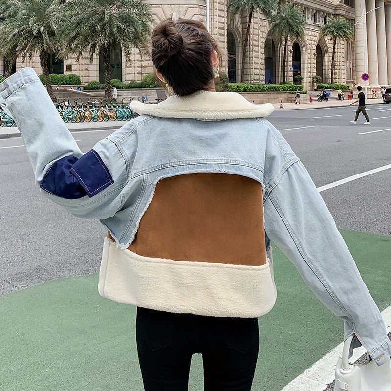 Chaqueta vaquera informal holgada de manga larga y felpa corta para mujer
