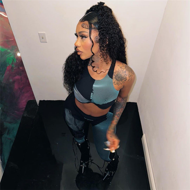 Fashion Women Sexy Sleeveless Graphic Printing Cropped Top Slim Fit Casual Pants Set