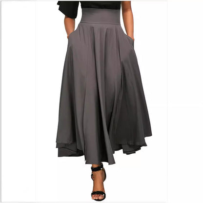 Women Fashion Casual Solid Color High Waist Pocket Pleated Skirt