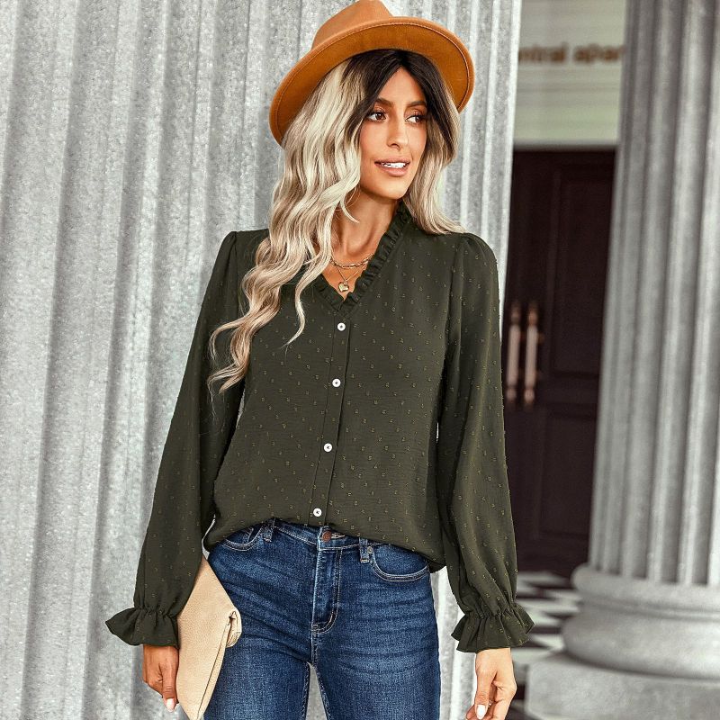 Blusa elegante informal con volantes y lunares, color liso, escote en V, para mujer