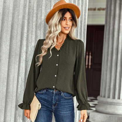 Blusa elegante informal con volantes y lunares, color liso, escote en V, para mujer