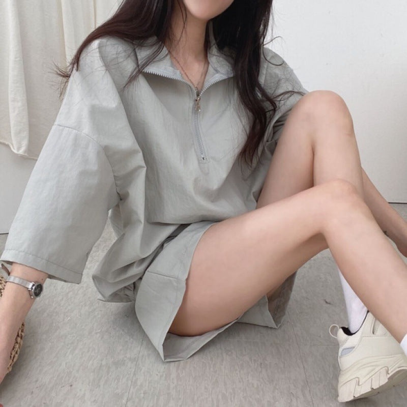 Conjunto de dos piezas de polo y pantalones cortos con cremallera, holgados e informales, de verano para mujer