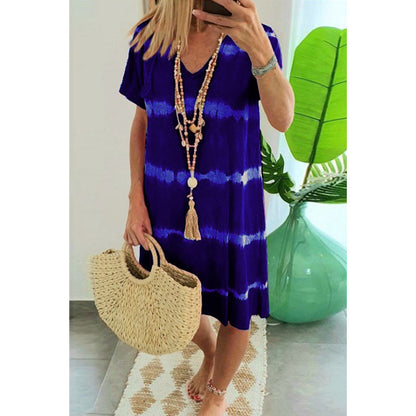 Women Casual Tie Dye Short Sleeve Summer V Neck Loose Bohemian Beach Dress