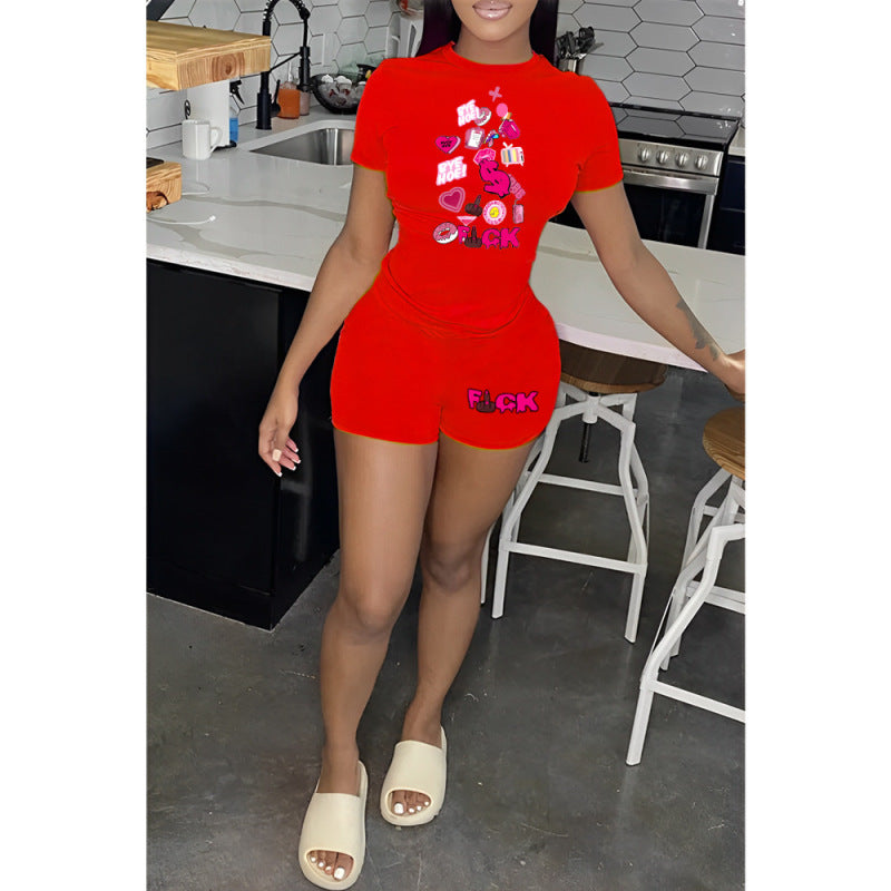 Fashion Casual Women Heart Letter Print Short Sleeve T-Shirt And Shorts Set