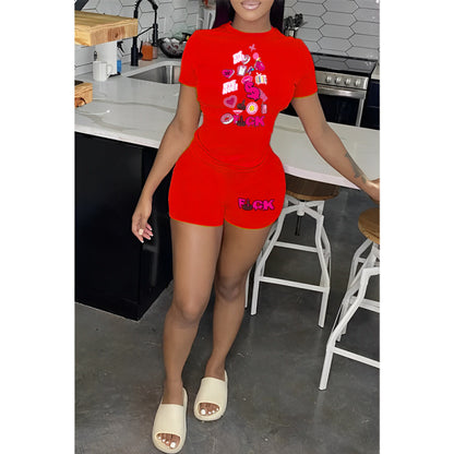 Fashion Casual Women Heart Letter Print Short Sleeve T-Shirt And Shorts Set