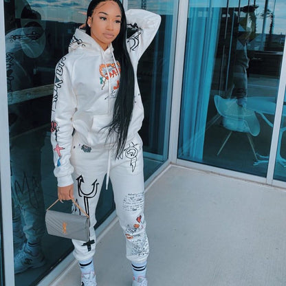 Conjunto de dos piezas de suéter y pantalones con capucha y estampado informal para mujer, moda Otoño Invierno