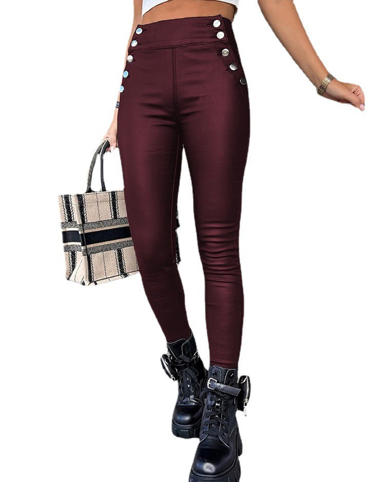 Women Solid Color High Waist PU Leather Button Slim Fit Casual Pants