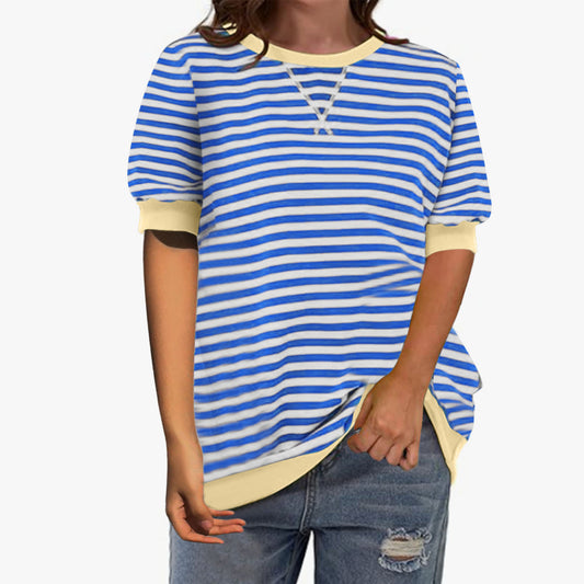 Camiseta informal sencilla de manga corta con estampado de rayas y cuello redondo con bloques de color para mujer