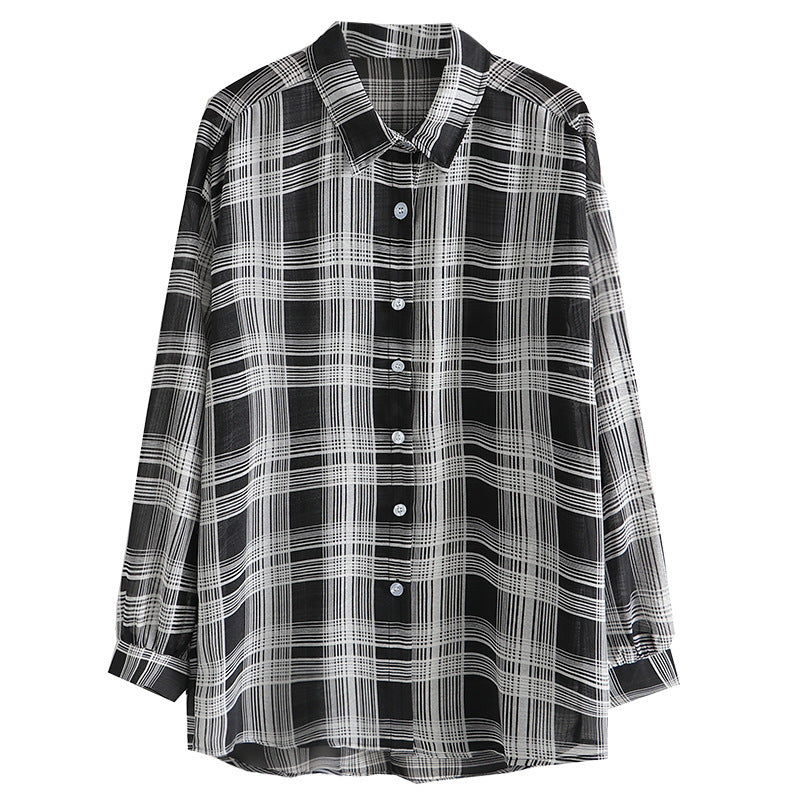 Camisa de gasa de manga larga a cuadros informal de moda de verano para mujer, talla grande