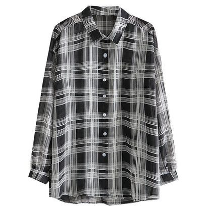 Camisa de gasa de manga larga a cuadros informal de moda de verano para mujer, talla grande