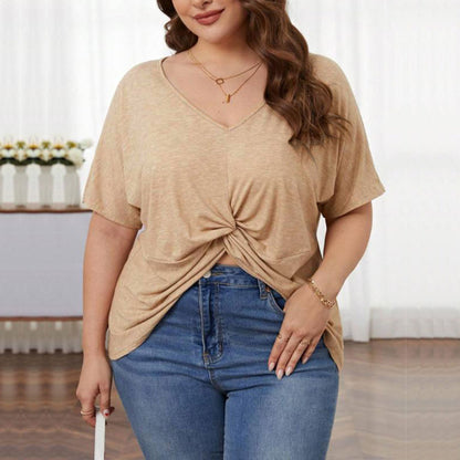 Plus Size Casual Women Solid Color V Neck Short Sleeve Twisted Hemline Loose T-Shirt