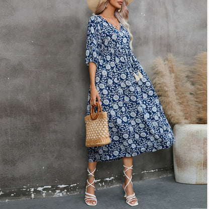 Spring And Summer Women'S Casual High Waist Floral Print V-Neck Half-Sleeve Bohemian Loose Vacation Beach Dress