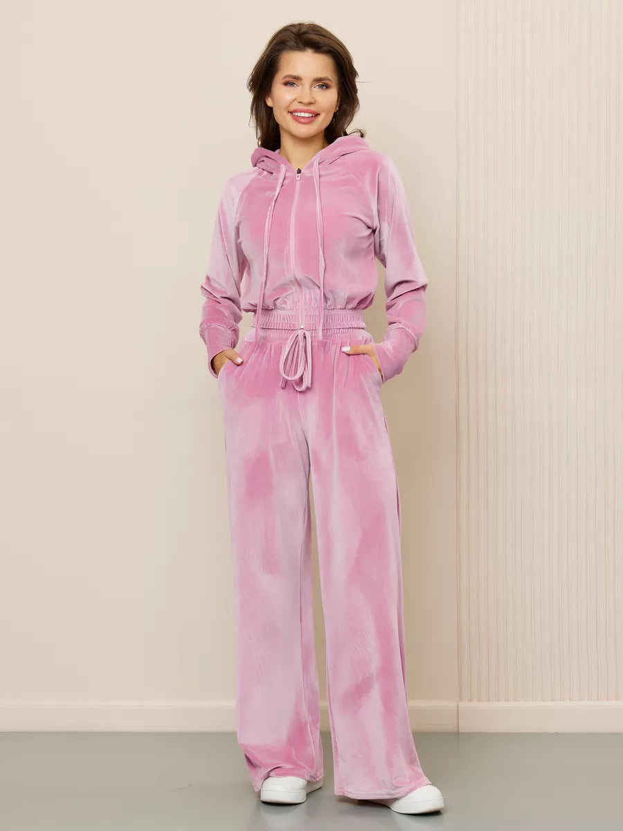 Conjunto de dos piezas de cárdigan con cremallera y pantalones de terciopelo con cordones para mujer, informal y a la moda.