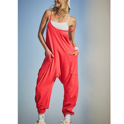 Women Casual Solid Color Pocket V Neck Loose Spaghetti Strap Jumpsuit