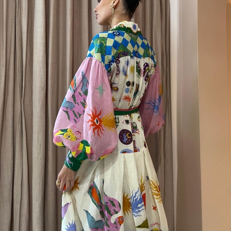 Vestido informal con estampado floral para mujer, manga larga tipo farol, botonadura sencilla, cintura definida, con cordones