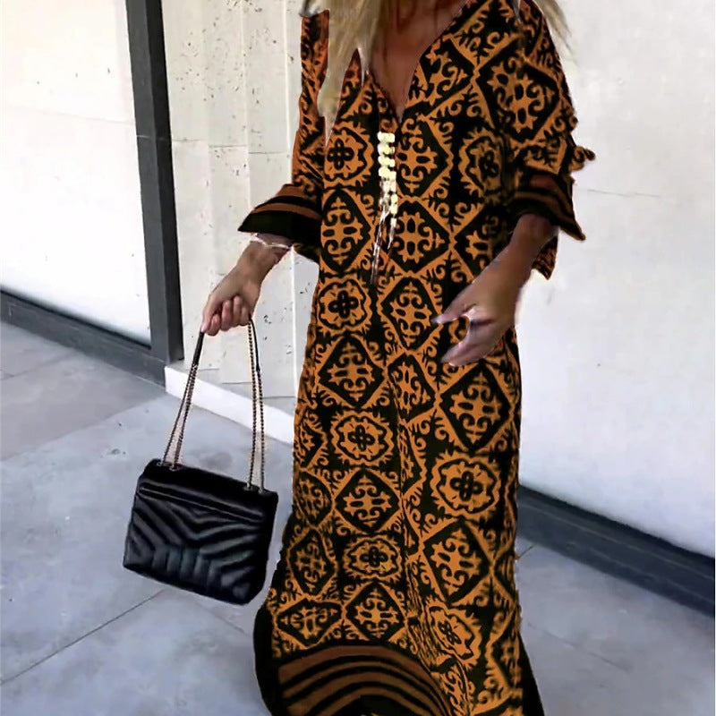 Women Casual Boho Style Geometry Stripe Print Long Sleeve V Neck Loose Maxi Dress