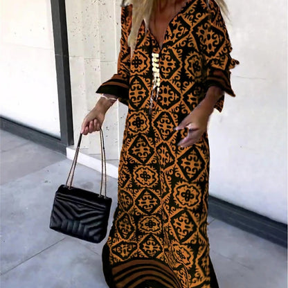 Women Casual Boho Style Geometry Stripe Print Long Sleeve V Neck Loose Maxi Dress