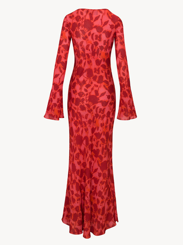 Vestido largo informal con cuello barco y mangas acampanadas con estampado floral de rosas y rayas elegante para mujer