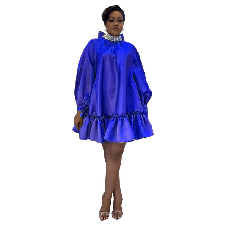 Women Casual Loose Solid Color Long Sleeve Pearl Bowknot Dress