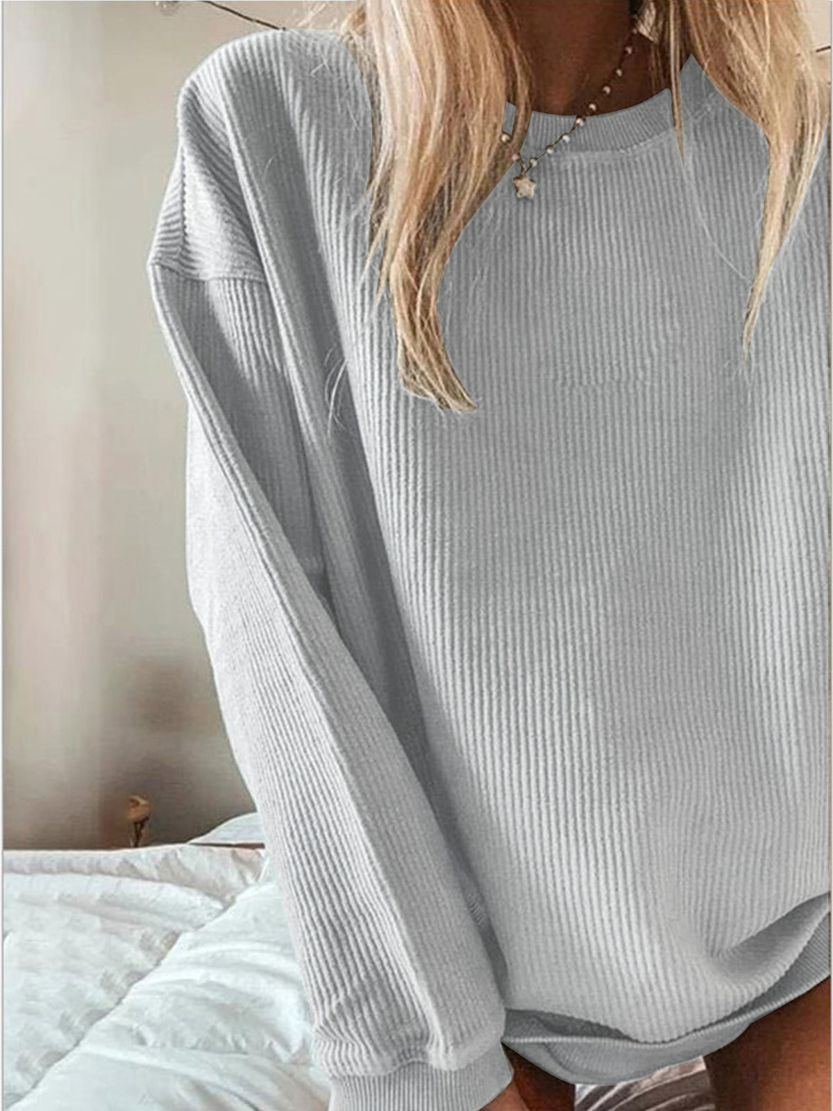 Sudadera informal de manga larga con cuello redondo y color liso para mujer