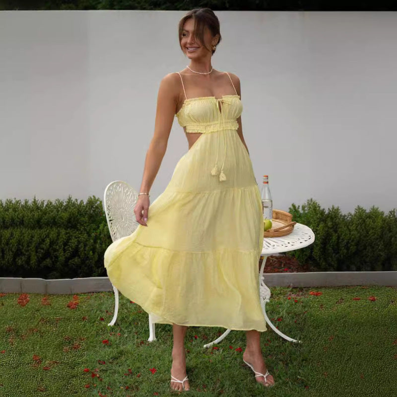 Women Fashion Casual Solid Color Strap Backless Hollow Maxi Dress