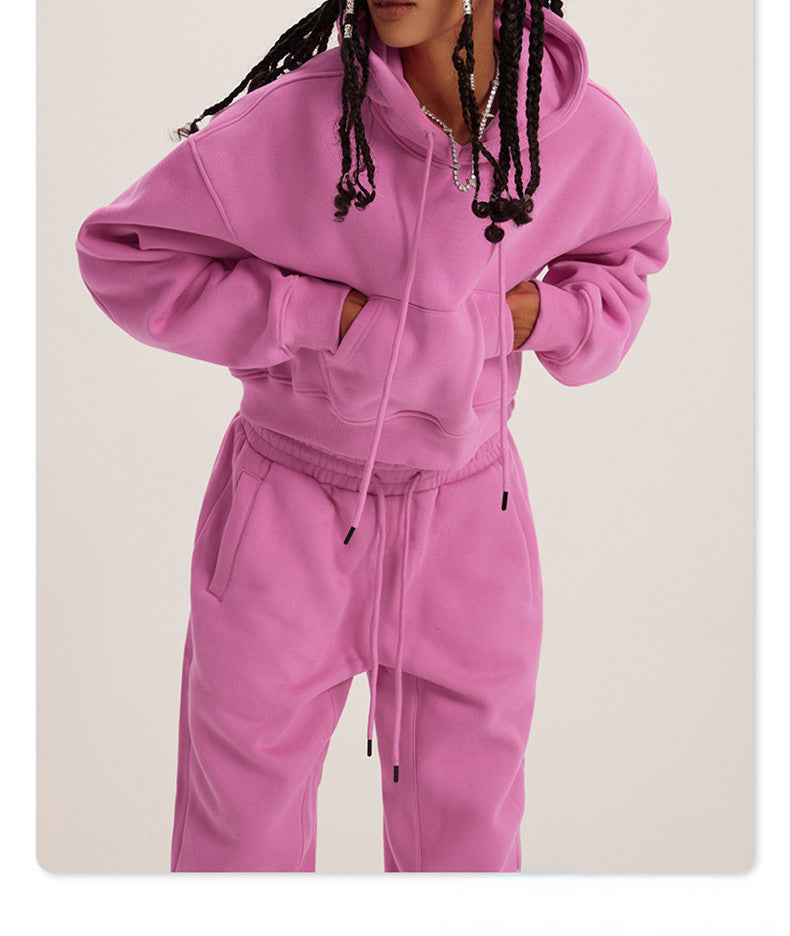 Athleisure Casual Fashion Solid Color Pullover Drawstring Pocket Hoodie Pants Set Women Sports Set