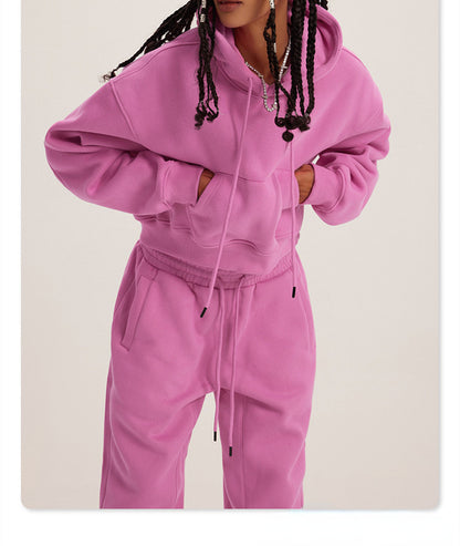 Athleisure Casual Fashion Solid Color Pullover Drawstring Pocket Hoodie Pants Set Women Sports Set