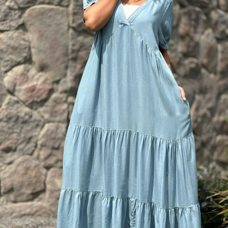 Women Casual Loose V-Neck Solid Color Denim Plus Size Dress