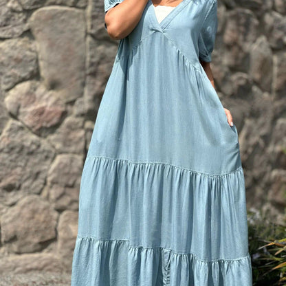 Women Casual Loose V-Neck Solid Color Denim Plus Size Dress