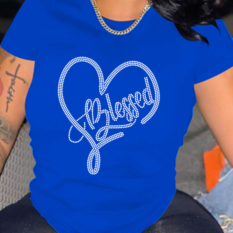 Camiseta informal holgada de talla grande para mujer, cuello redondo, manga corta, estampado de corazón de diamante