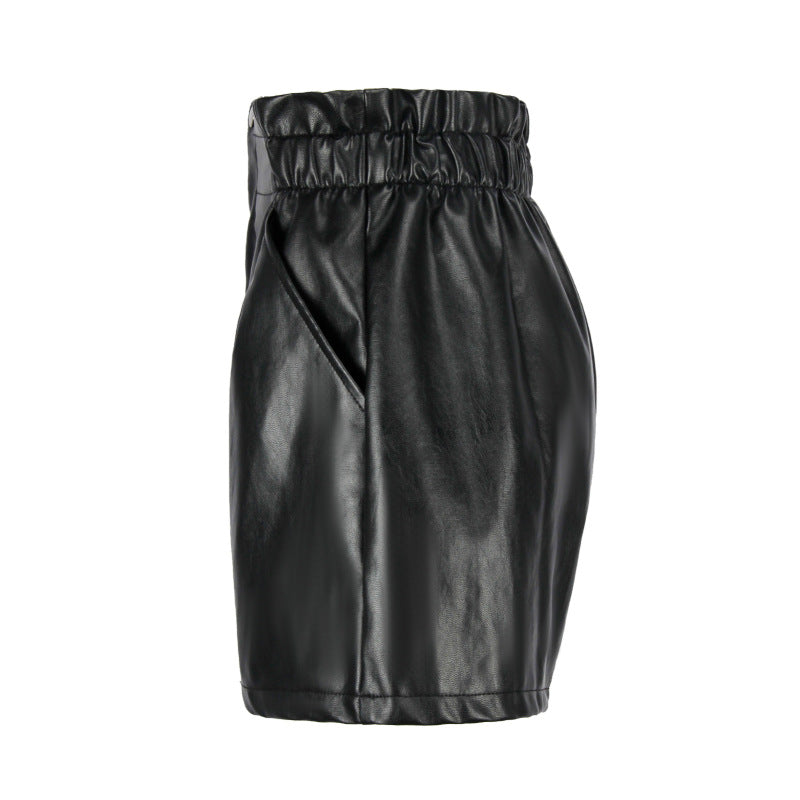 Women PU Leather High Waist Button Loose Casual Wide Leg Shorts