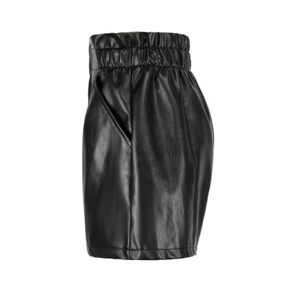 Women PU Leather High Waist Button Loose Casual Wide Leg Shorts