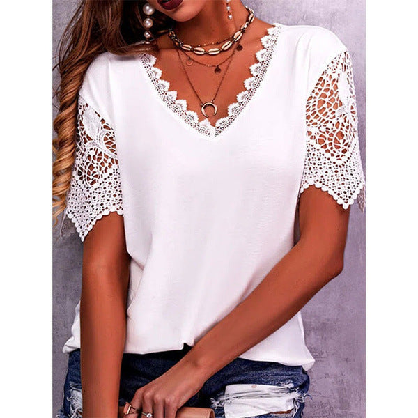 Blusa informal de manga corta con cuello en V, holgada, con encaje y patchwork de color liso para mujer