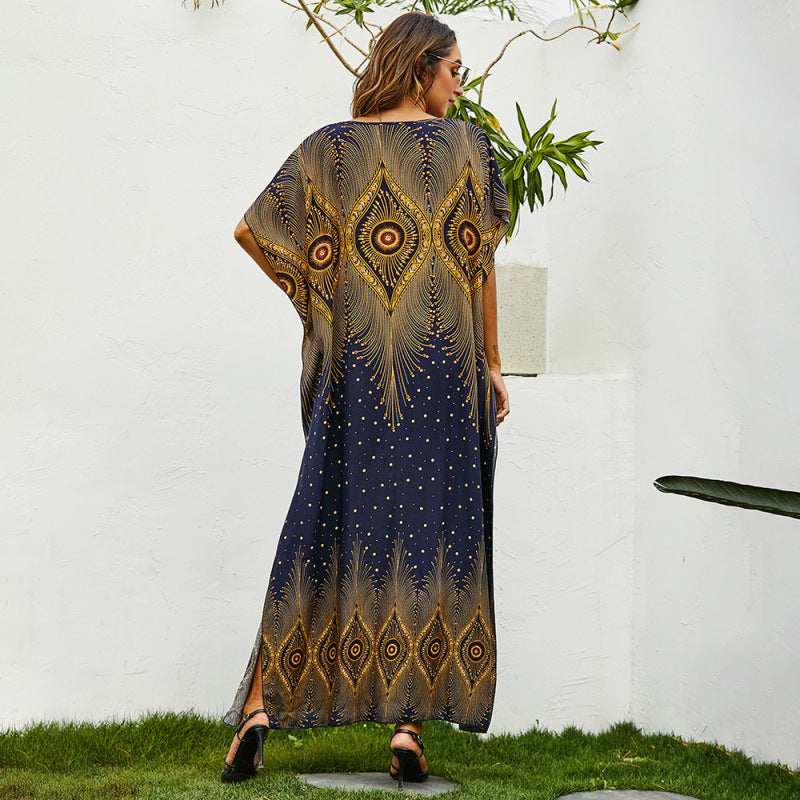 Vestido largo holgado con mangas murciélago y estampado informal a la moda para mujer