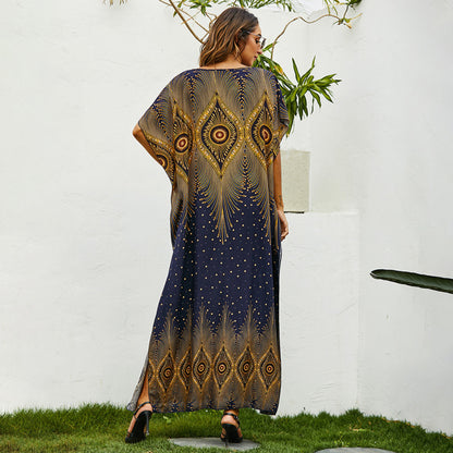 Vestido largo holgado con mangas murciélago y estampado informal a la moda para mujer