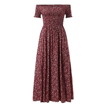 Women Plus Size Casual Bohemian Floral Print Off Shoulder Slit Maxi Dress