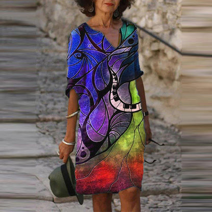 Vestido informal de manga corta con cuello en V y estampado de flores multicolor para mujer